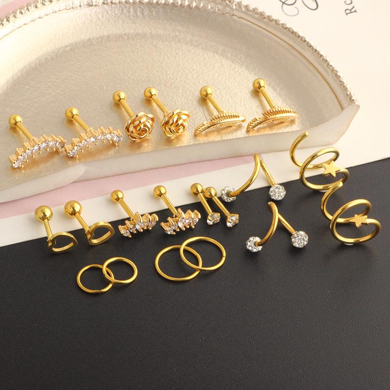 Stainless steel piercing accessories - simple earrings, ear clips, ear rings, ear barb hooks set
