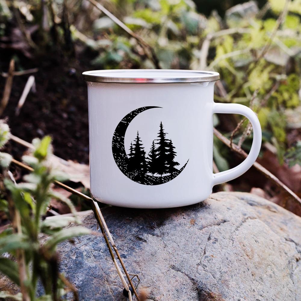 Sunset Forest Creek Creative Enamel Coffee Mugs Outdoor Travel Water Cups Camping Bonfire Party Beer Drink Milk Mug Best Gifts