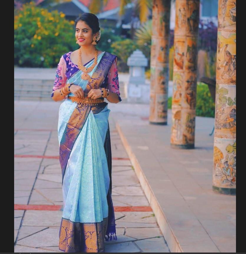 Saree de seda de lichi macio tradicional indiano com tecelagem de Jecquard