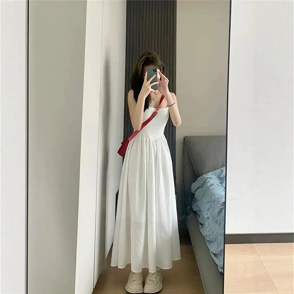 inner + shoulder strap adjustable French white suspender skirt waist thin long skirt niche design dress