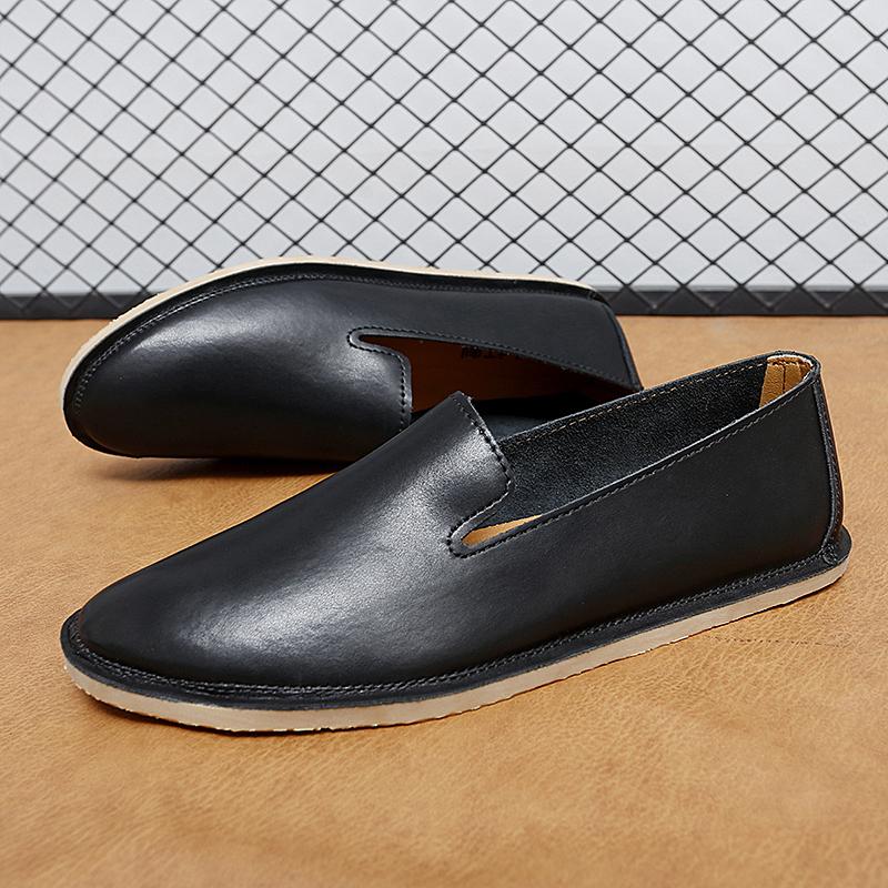 Men's Handmade Leather Slip on Shoes Casual Soft Loafers Simple Comfy Moccasins Breathable Male Boat Shoes Fashion Business Flats