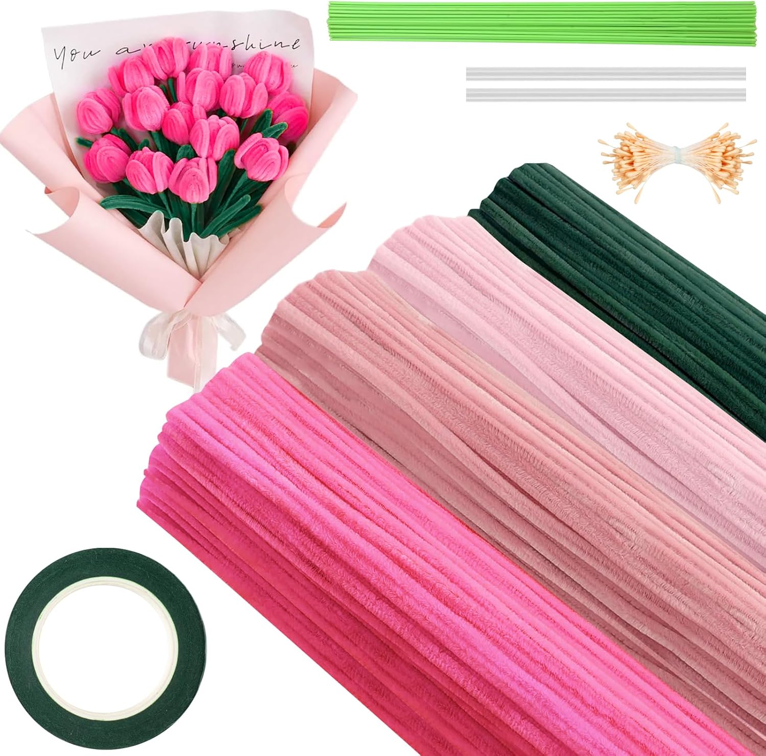 350 шт. Синельная проволока для поделок, Синельная проволока 4 цветов оптом, Стебли синельной проволоки для DIY наборов для изготовления цветов с Горячим, Садовый скотч, Тычинки (фиолетовый) розовый