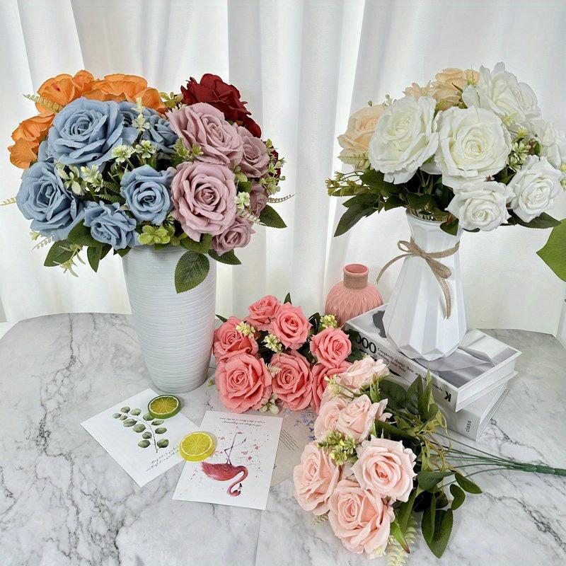 1Pc Plastic 7-Head Rose Green Plant Bouquet, Fake Flower