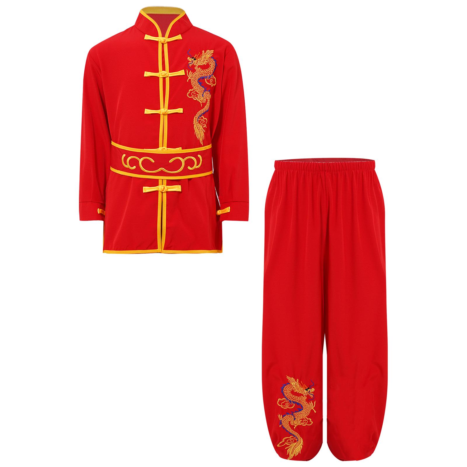 

Unisex Kids Dragon Embroidery Kung Fu Suit Tai Chi Outfit Chinese Martial Arts Performance Costume 13-14 Years червоний