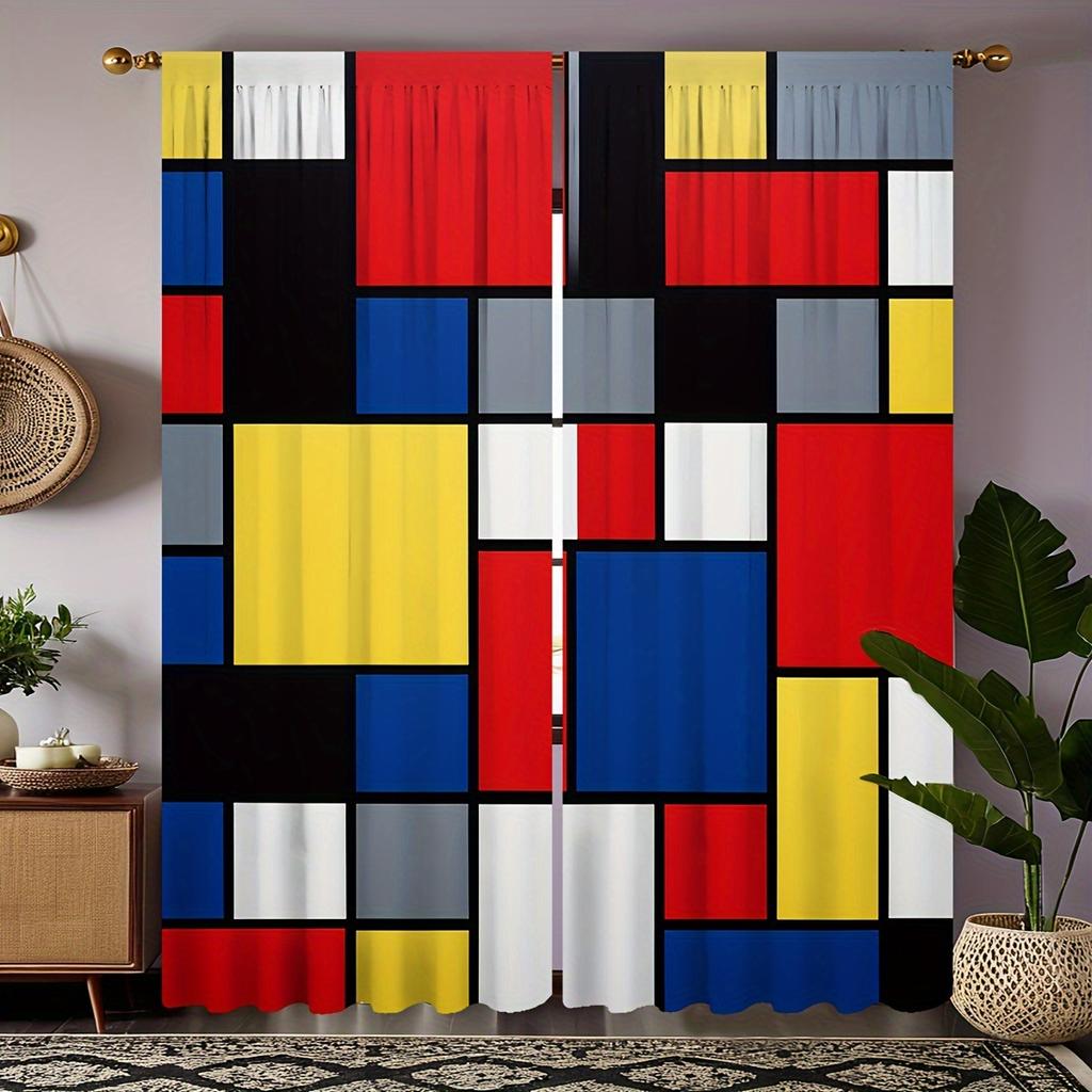 2pcs Set Modern Geometric Curtains Black & White Rod Pocket Design for Easy Hanging for Living Room Bedroom Kitchen Window Drape