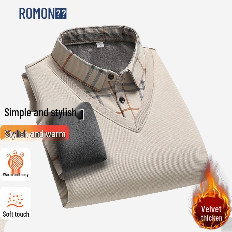 ROMON Men s Fleece Lined Faux Two-Piece Shirt Collar Knitted Sweater XL
