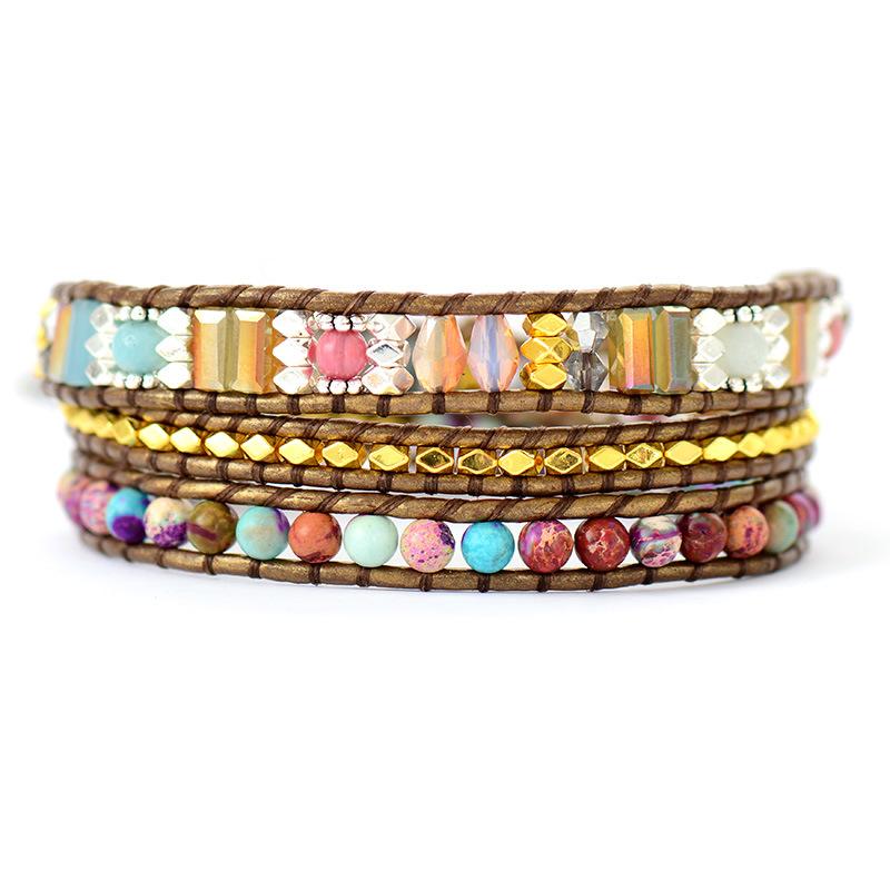 Three-wrap Bracelet Featuring Purple Imperial Jasper Natural Stones, Creatively Designed and Handcrafted with Woven Leather.