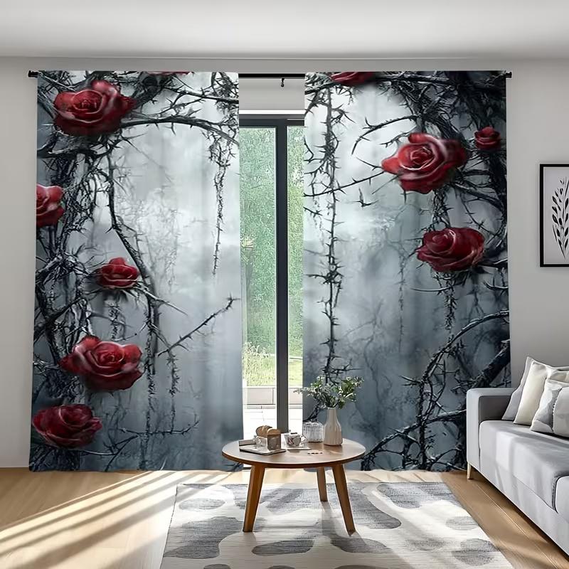 2 Pcs Thorny Rose Print Curtains,suitable for Bedroom,living Room Kitchen Decoration,home Decoration,window Decoration