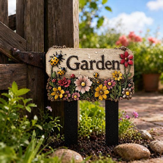 Floral Garden Sign with Stake, Farmhouse Garden Sign, Colorful Flowers Yard Art Stake, Rustic Welcome Sign for Home Garden Pathway Planter Decor