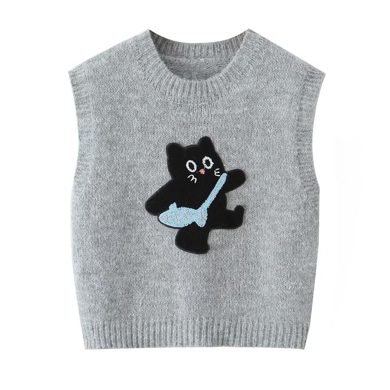 Kaslead New Women clothes Western Style Towel Embroidery Stickers Cartoon Kitten Pattern Pullover Vest Sweater