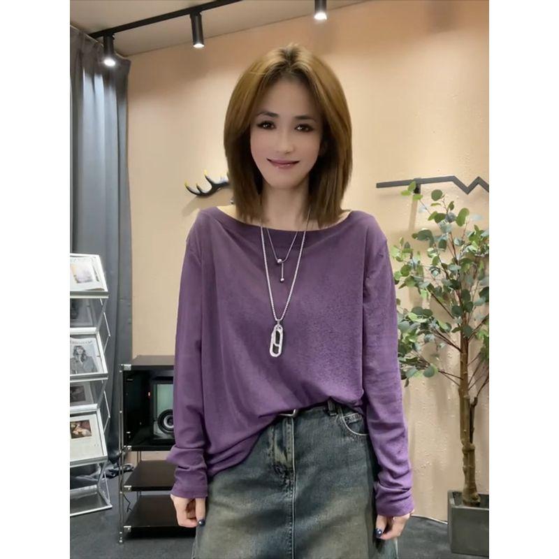 

Off-the-Shoulder Summer Boat Neck Long Sleeves Silm Sun Protection Clothing Purple M