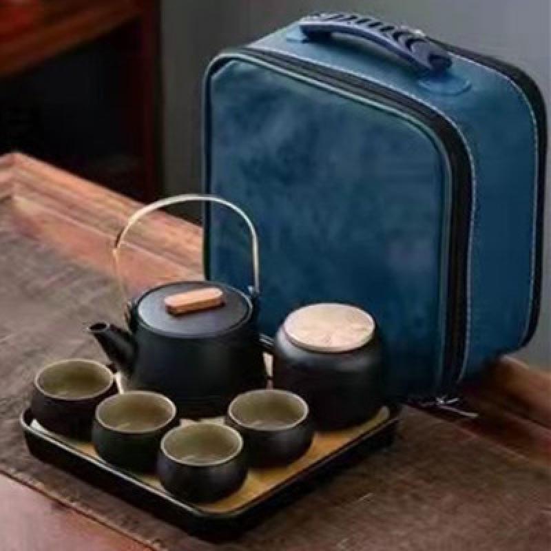 Portable Black Pottery Kung Fu Tea Set: Teapot with Handle, 4 Cups, Tea Tray, Storage Bag - Perfect for Outdoor Brewing