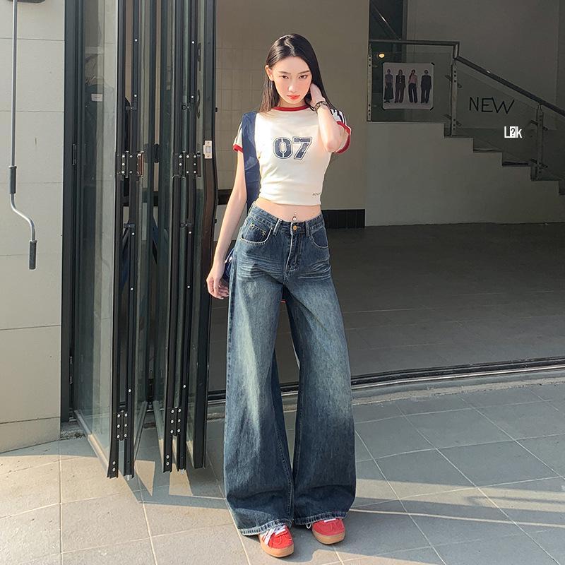 

Women s Retro Blue High Waist Slimming Washed Wide-Leg Floor-Length Jeans - Spring 2025 Collection Extra Large