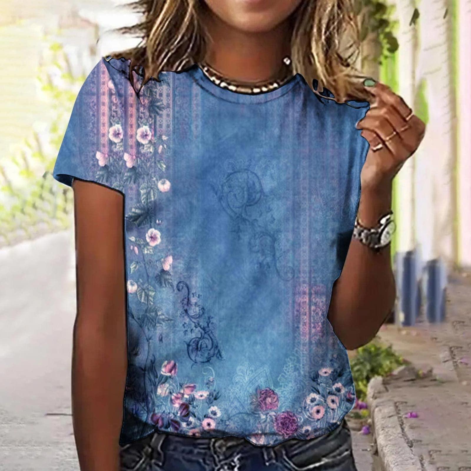 

Женская модная повседневная блузка с коротким рукавом и цветочным принтом, пуловер с круглым вырезом XXXL синий