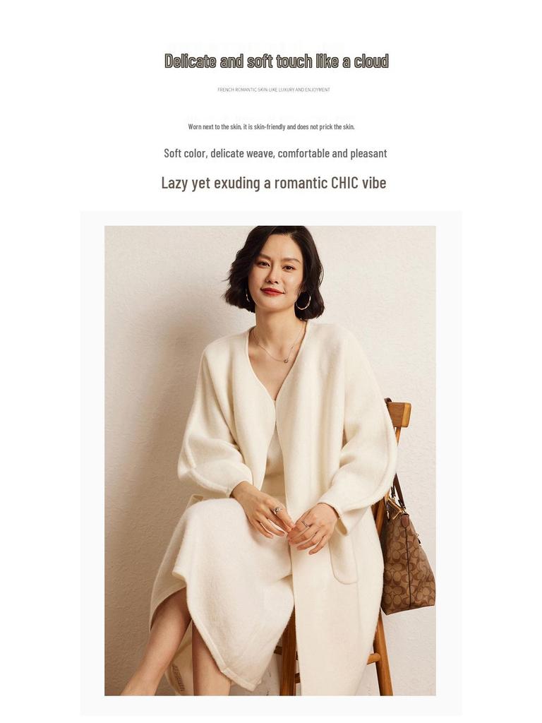 Versatile Cashmere Long Coat: Round Neck, Buttonless, Mid-Length, Stylish and Casual, Long-Sleeved Outerwear for Autumn/Winter.