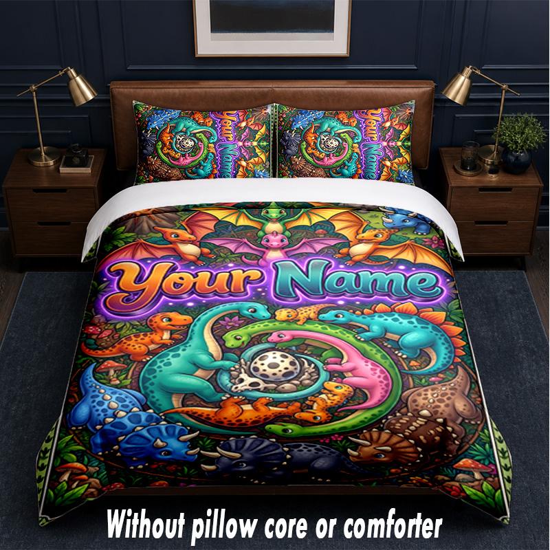 Dinosaur Theme Custom Text Or Name 3Pcs Bedding Set,1 Flat Sheet & 2 Pillowcases Personalized Home Bedding