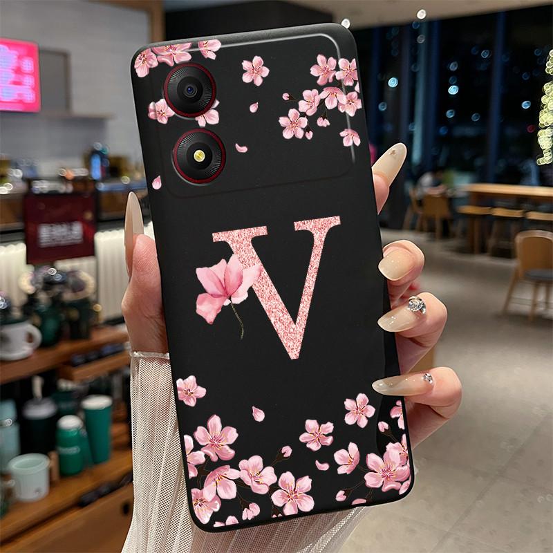 Black Case For ZTE Blade A34 4G Funda Beautiful Flower Printing Initial Letters Phone Casing Soft Silicone Protective Back Cover