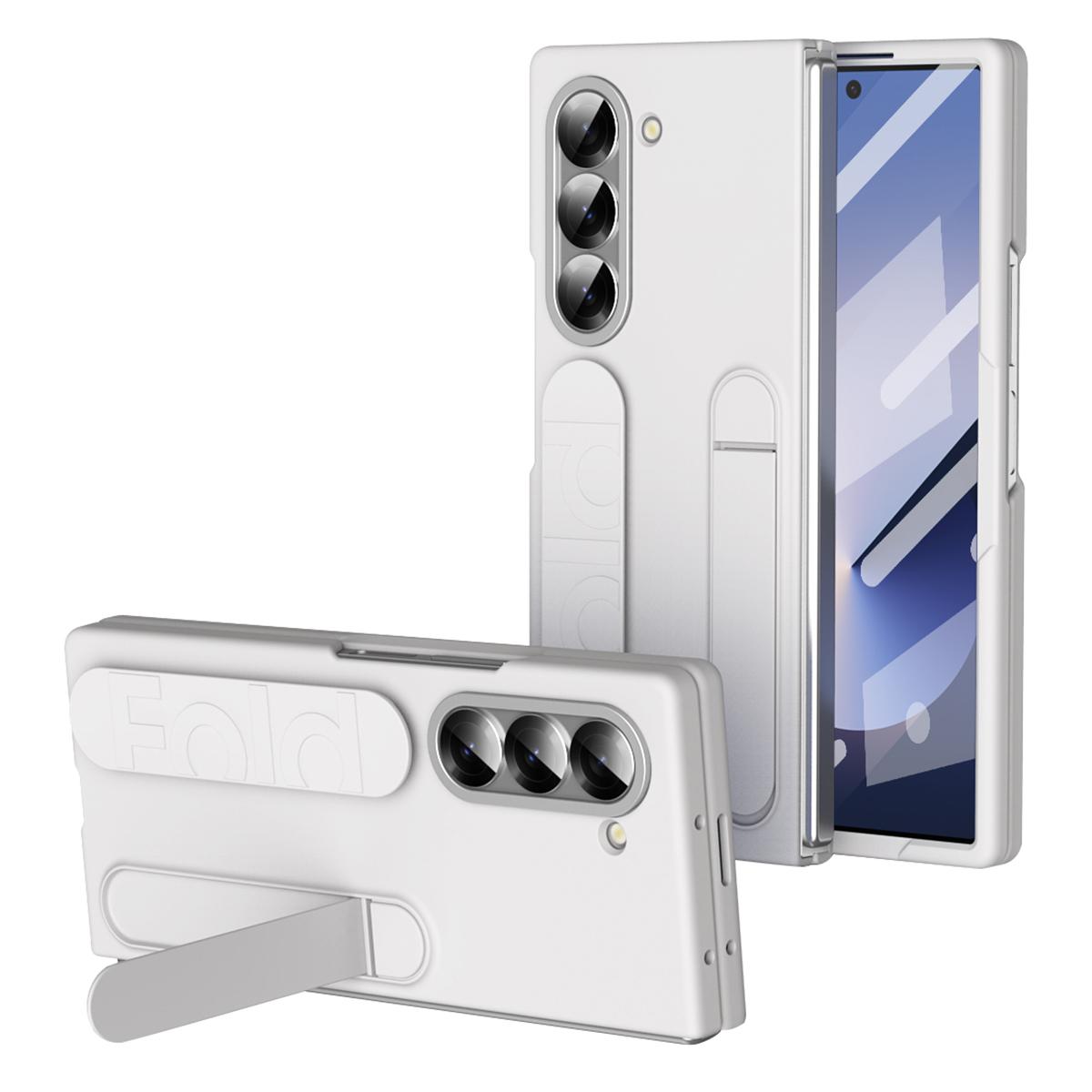 

For Samsung Galaxy Z Fold6 5G Case with Tempered Glass Film Kickstand Wristband PC+Silicone Phone Cover White