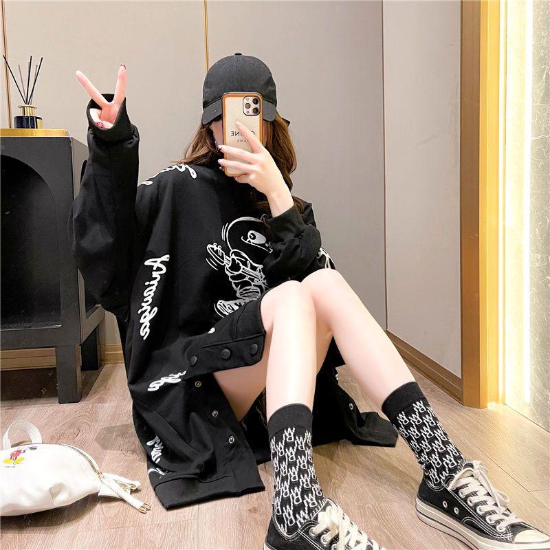 Taglie Forti Donna Autunno Vintage Felpa con Cappuccio Stampa Cartone Animato Larga Casual Manica Lunga Girocollo Streetwear Felpe Capispalla