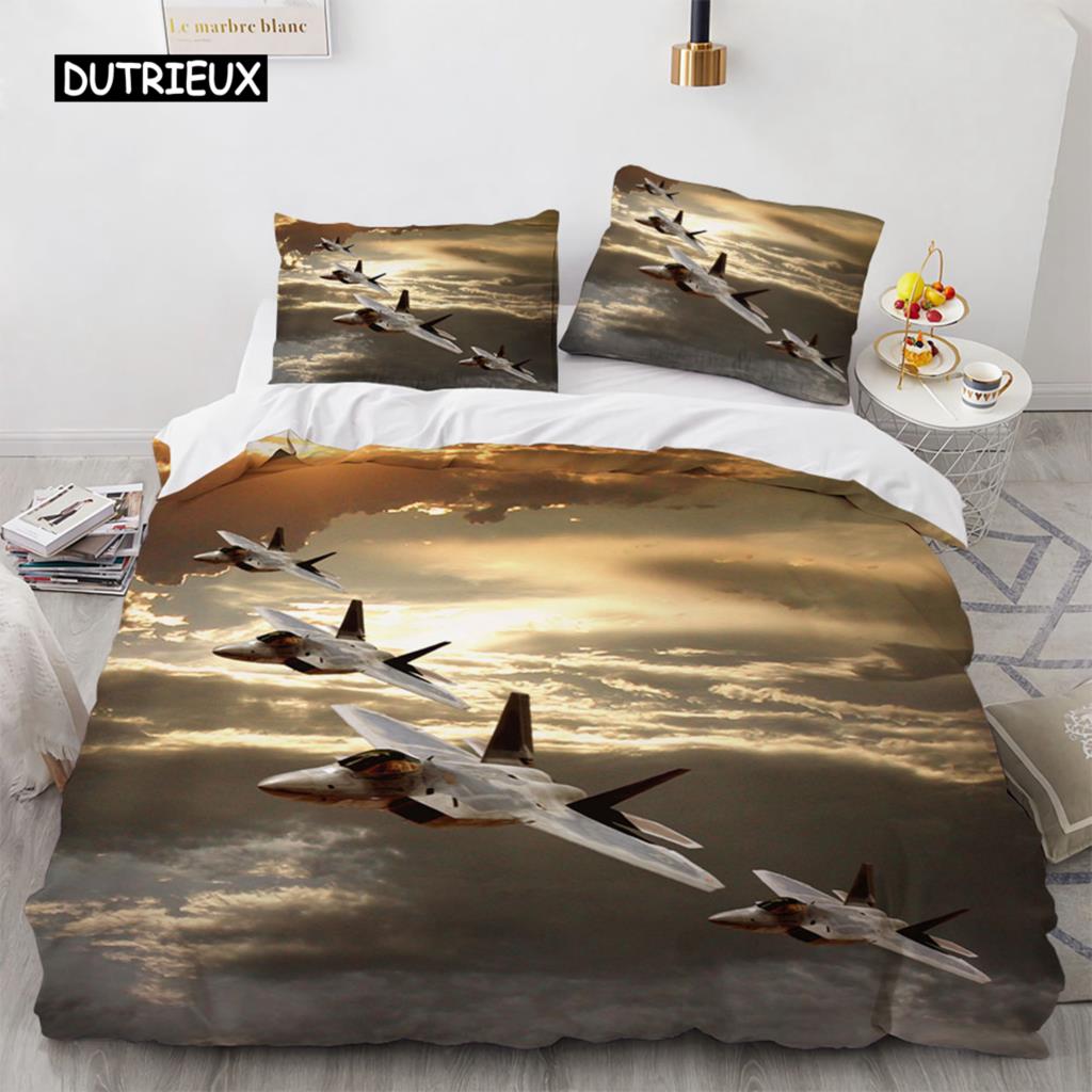 Kampfflugzeug Königin King Bettbezug Militärflugzeug Thema Bettwäscheset Kinder Jungen Männer Sonnenuntergang Flugzeug Polyester Bettdeckenbezug