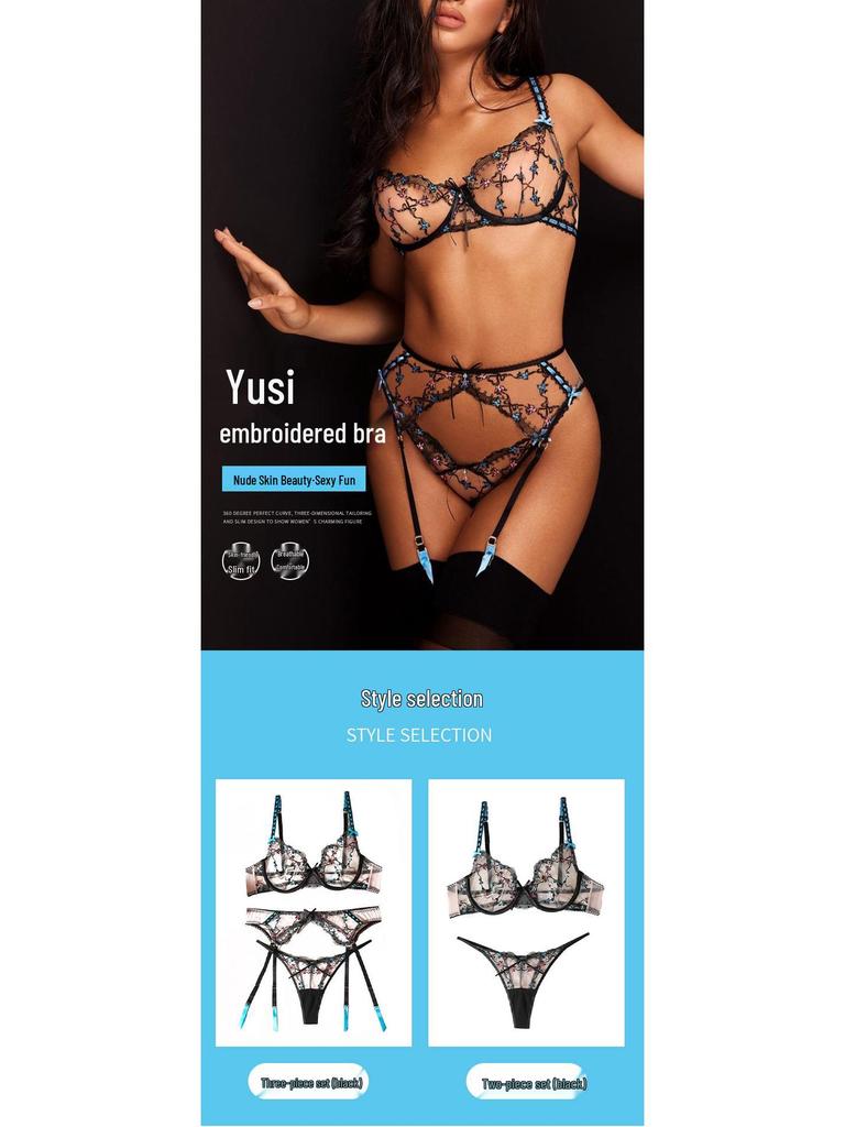 Lace Embroidery Lingerie: Sexy Transparent Push-up Bra & Three-Piece Set