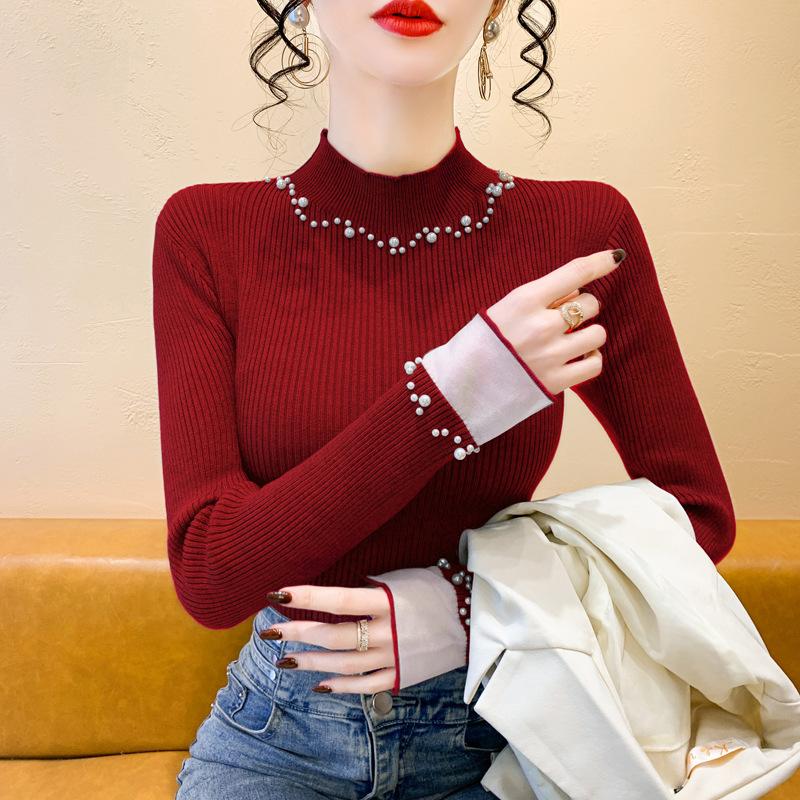 New Spring Style and Versatile Bead Knitted Base Shirt, Half-high Neck Temperament Sweater