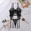 Black Floral Eyelash Lace Underwire Corset Bra With Integrated Garter Belt Sheer Mesh 2 Piece Lingerie Set  with Thong