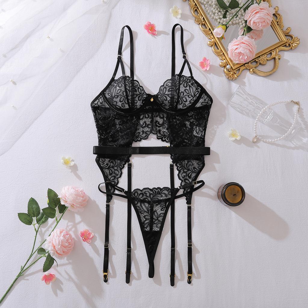 Black Floral Eyelash Lace Underwire Corset Bra With Integrated Garter Belt Sheer Mesh 2 Piece Lingerie Set with Thong