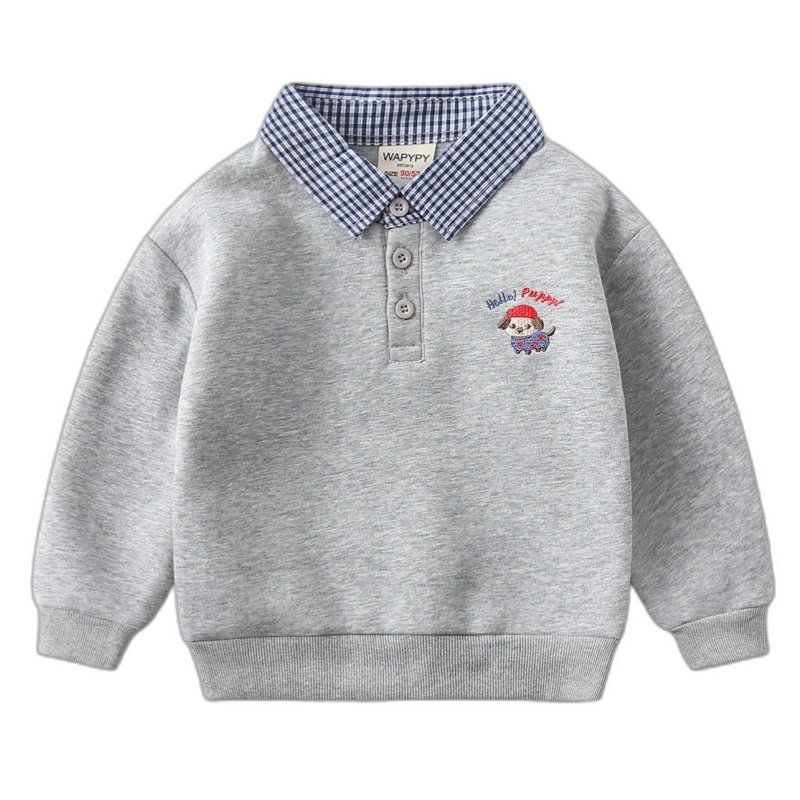 Spring and Autumn Children's Clothing Boys' Long-Sleeved Sweatshirt Children's Fake Two-Piece Pullover Baby Embroidered Puppy Lapel Top