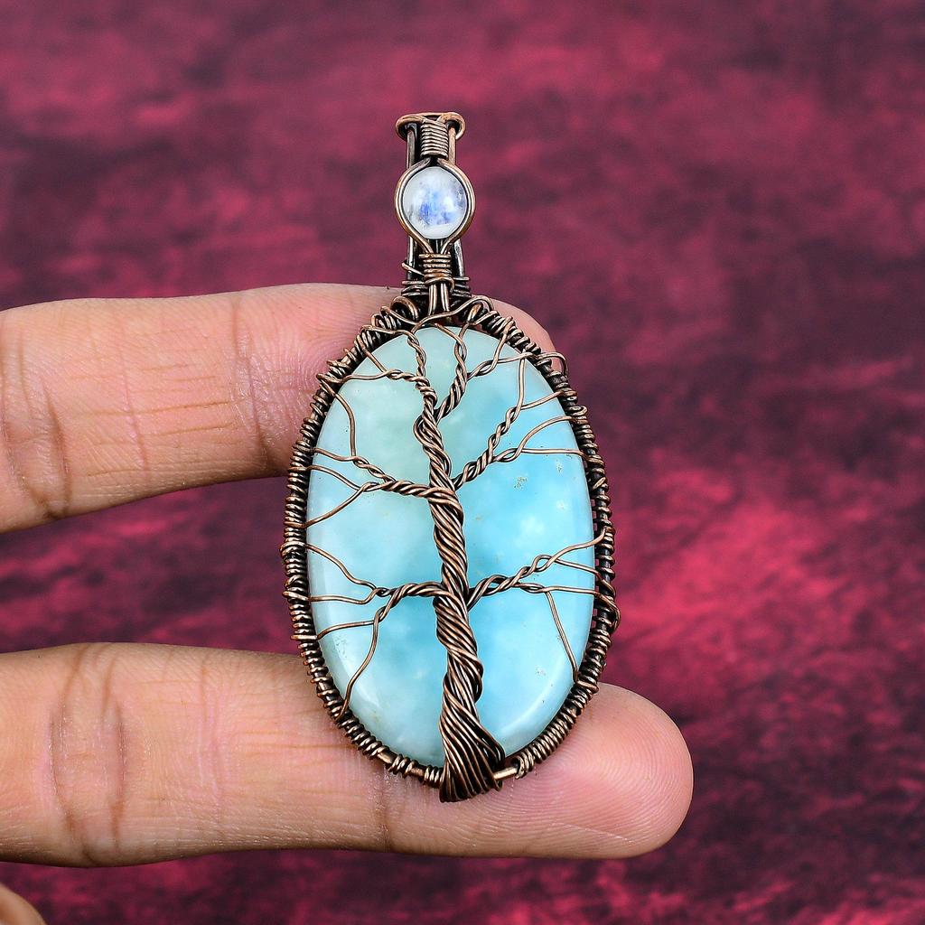 Tree Of Life Hemimorphite Pendant Copper Wire Wrapped Rainbow Moonstone Pendant