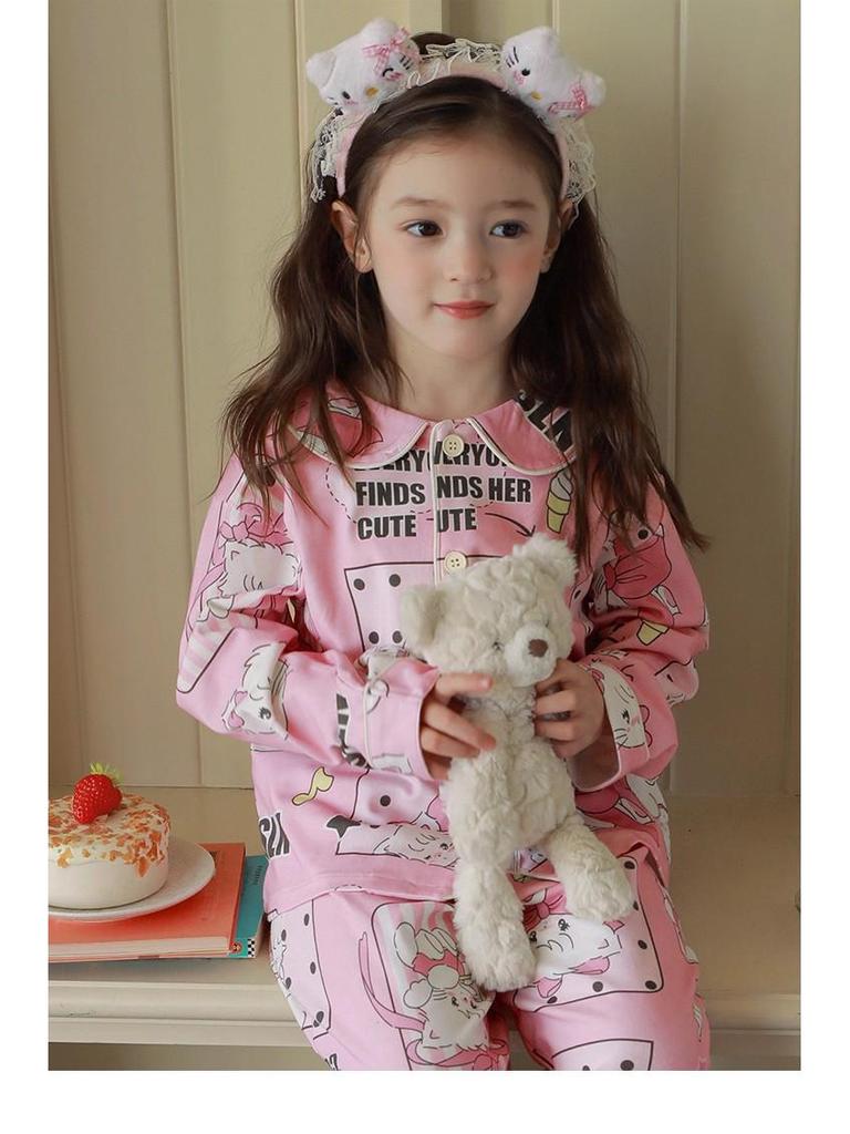 Kids' Korean Style KT Cat Pajamas - Girls' Medium/Large, Cute Cartoon Spring/Autumn Sleepwear