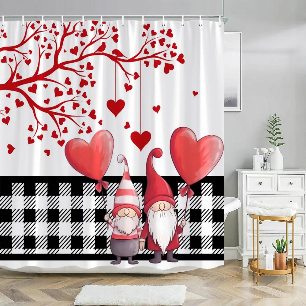 Valentine's Day Shower Curtain Love Tree with Elf Truck Romantic Pink Swing Balloon Love Polyester Printed Fabric Bathroom Decor
