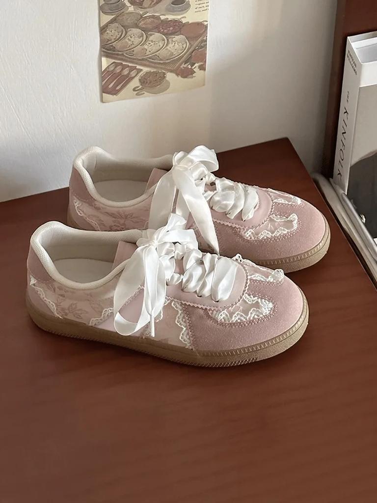 Fashion French Lace - Satin Ribbon Trainer Sneakers | Cream - Sweet Vintage Sporty Sneakers