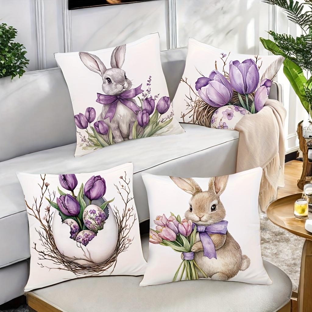 Easter Purple Tulip Bunny Egg Pillow Covers Set Of 4 Watercolor Spring Decor Soft Cozy For Sofa Bed Living Room Easter Gifts