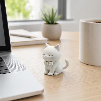 3D Printed Cat Statue, Sitting Cat Figurine with Bow, Collectible Cute Kitten Sculpture, Tabletop Decoration Gift for Cat Lovers