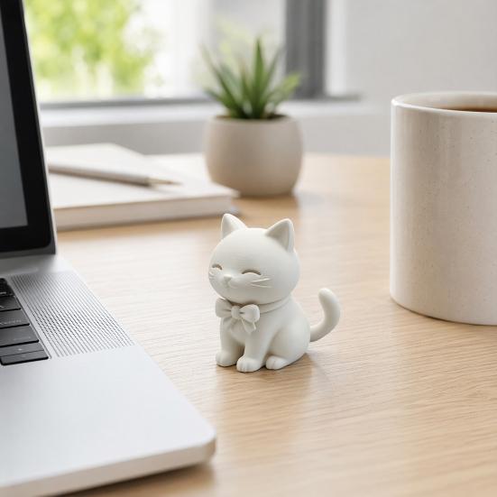 3D Printed Cute Cat Ornament, Mini Size Matte White Cat Figurine with Bow Tie, Desktop Decoration for Home Office Car, Small Gift for Cat Lovers