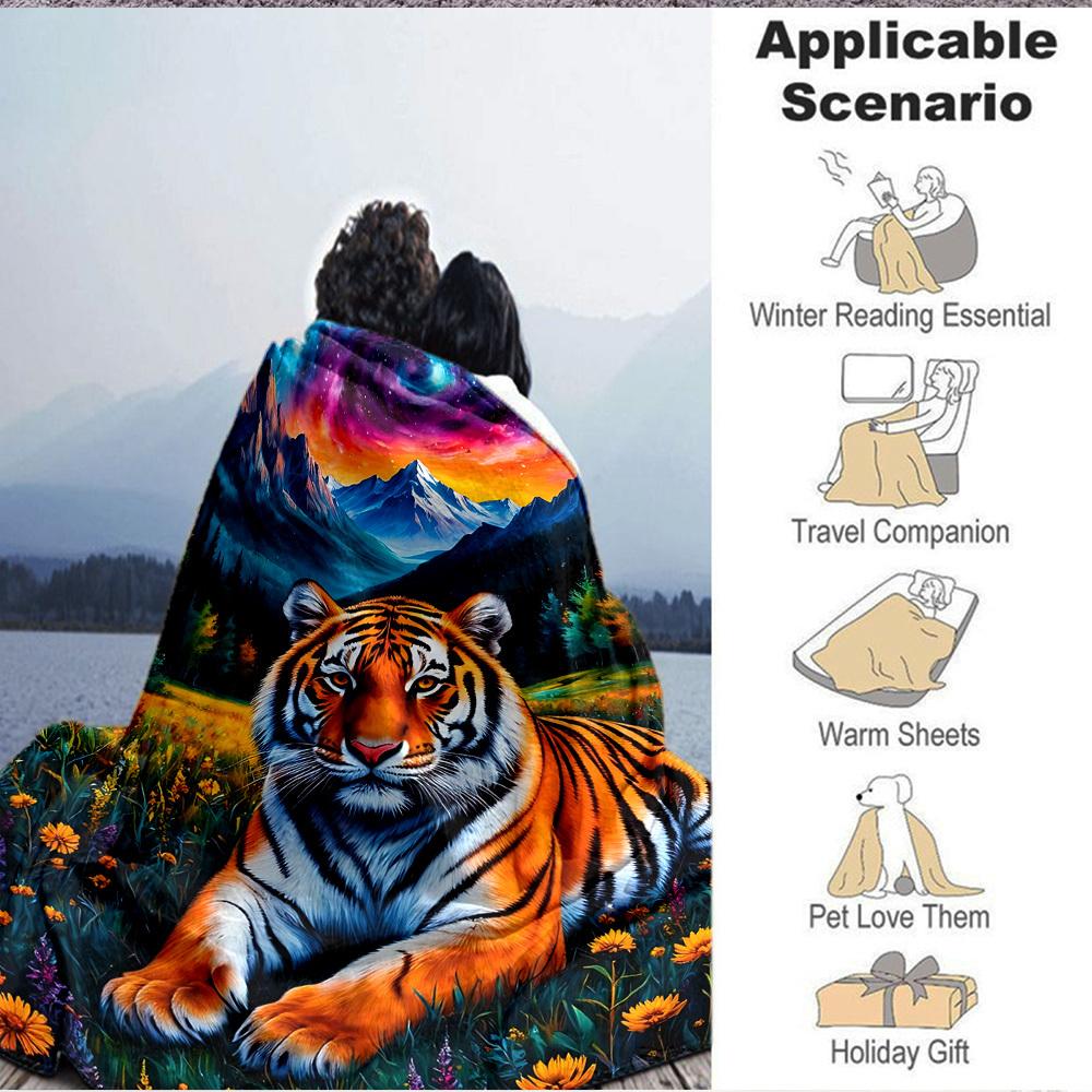 1pc Tiger Fantasy Landscape Blanket Lightweight Flannel Blanket Throw Blanket For Sofa, Bed, Travel, Camping, Livingroom, Office, Couch, Chair, And Be
