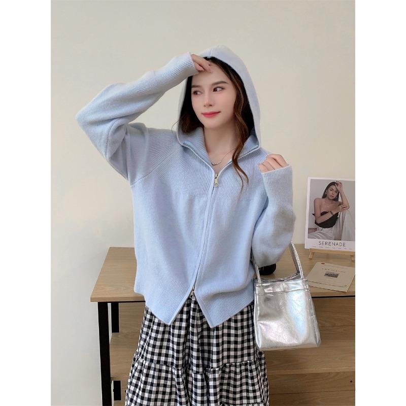 Autumn and winter new loose lazy soft waxy hooded double zipper knitted cardigan women's simple casual versatile sweater jacket