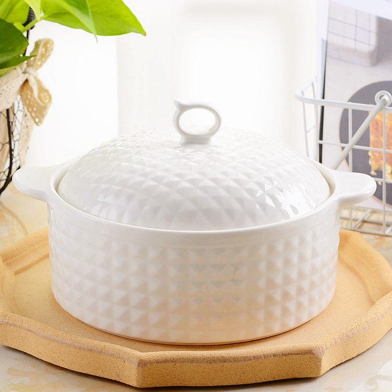 

Ceramic Double-Ear Covered Stew Pot - Large Capacity, Pure White, Microwave Safe Bowl for Soups and Rice.