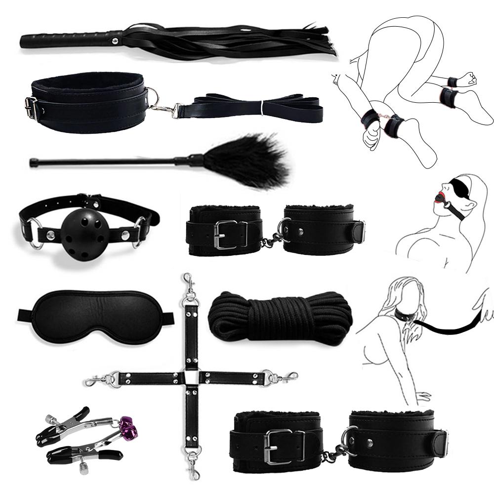 Bondage Set Restraint Kit Adult Game Handcuff Couples Collar Mouth Gag Tickler Whip Nipple Clamps Rope Fetish Sexy Toy For Women