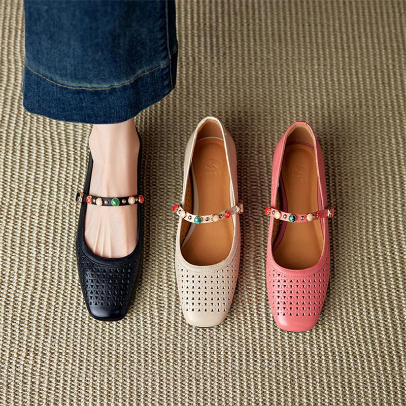 Fashion New Summer Cow Leather Woman Shoe Round Toe Women Pumps Shoes for Women Fashion Hollow Out Mary Jane Shoes Low Heel Flat Shoes