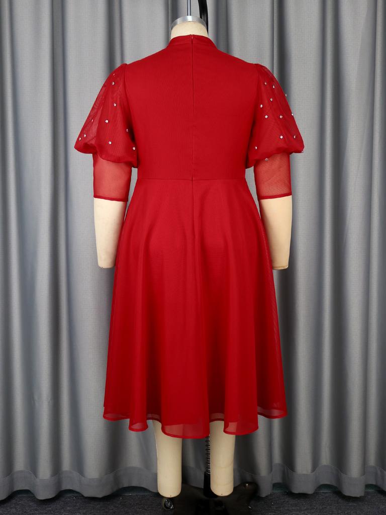 Plus Size Half High Collar A Line Midi Dress for Women with Sheer Puff Sleeve Perfect for Weddings Parties or Holiday Gatherings