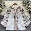 Women Spring Vintage Blouse Korean Embroidered Ethnic Style Shirt Embroidered Tassel Loose Tie Round Neck Bubble Sleeve New Top