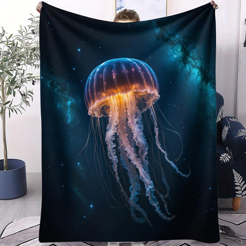 1PC Dreamy Galaxy Deep Sea Jellyfish Flannel Throw Blanket for Adult Quality Cozy Soft Warm Blanket for Travel Picnic Home