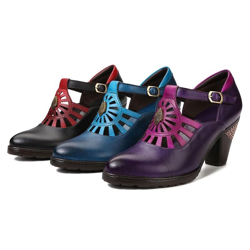 Johnature Genuine Leather Hollow Out Thick Heel Pointed High Heels Retro Pumps Hand Painted Shallow Women's Shoes