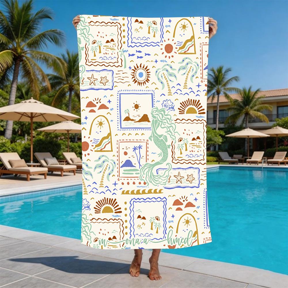 Colorful Coastal Town Watercolor Print Beach Towel Anti Sand Microfiber Pool Towel Summer Beach Swim Summer Pool Side Gear