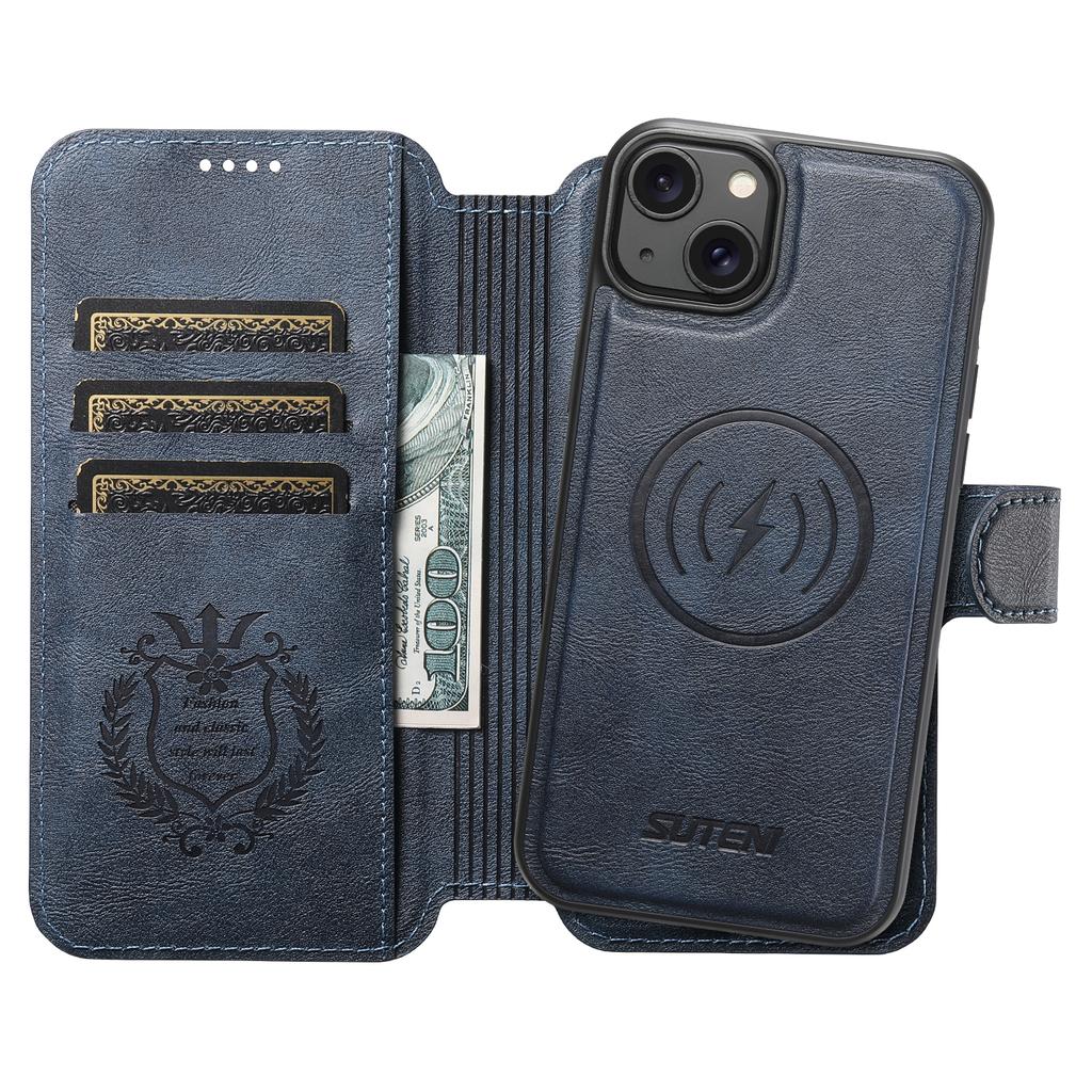 SUTENI Q-05 For iPhone 14/13 Wallet Case 2 in 1 Detachable Leather Flip Phone Cover with Stand