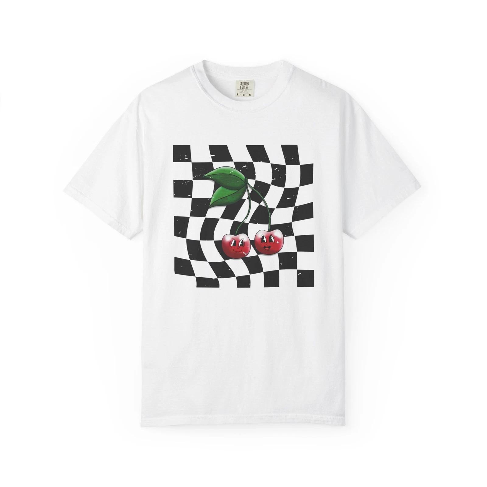 Retro Checkerboard Cherry Cartoon T-shirt | Unisex Crew Neck Comfort Colours 3XL