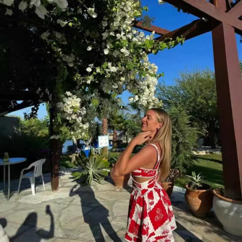Robe à bretelles fines imprimée pour femme - Mode Vacances Début de Printemps, Détail en Dentelle
