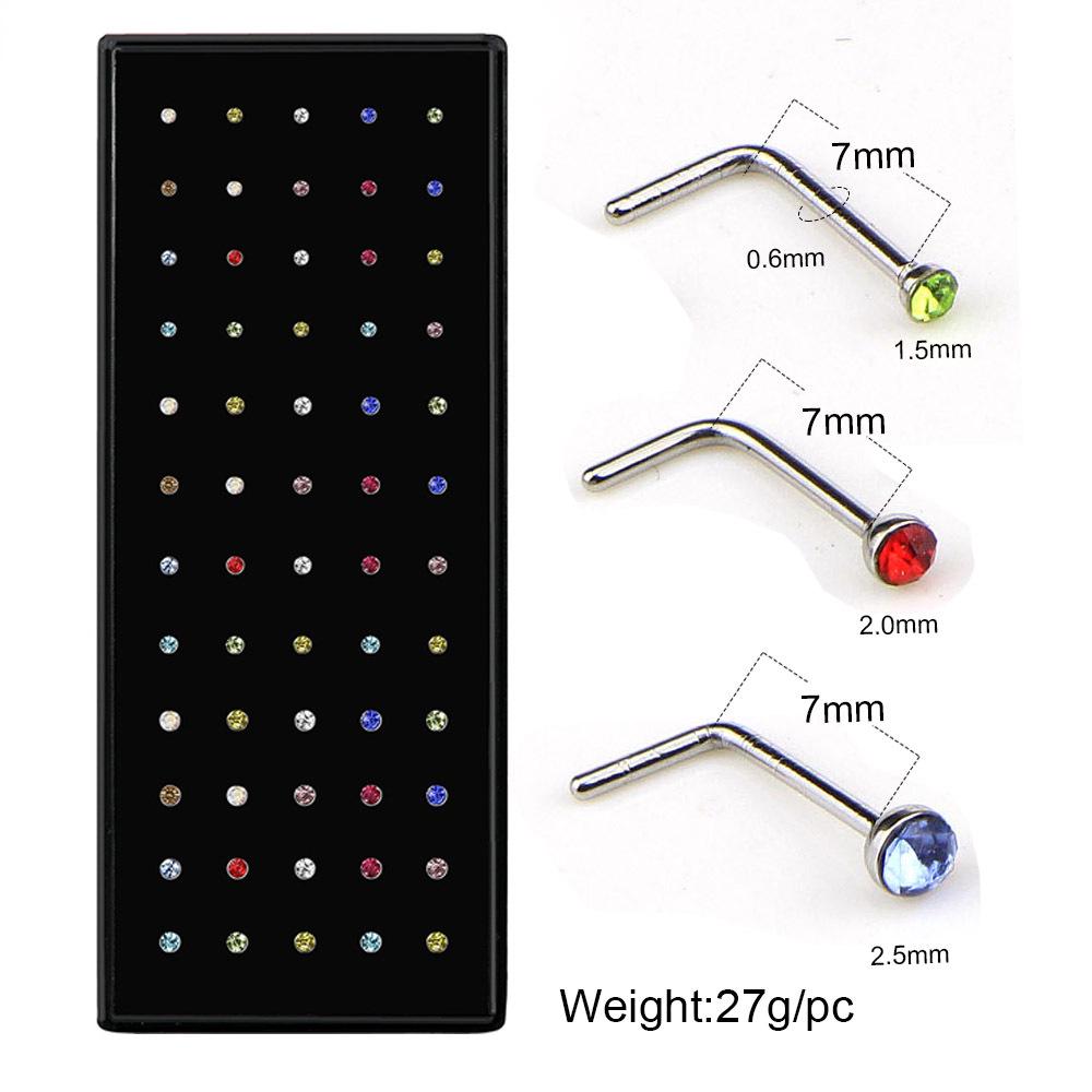 60 Stainless Steel L-Shaped Nose Studs (1.5/2.0/2.5mm) with Diamond Inlay Curve Nose Rings